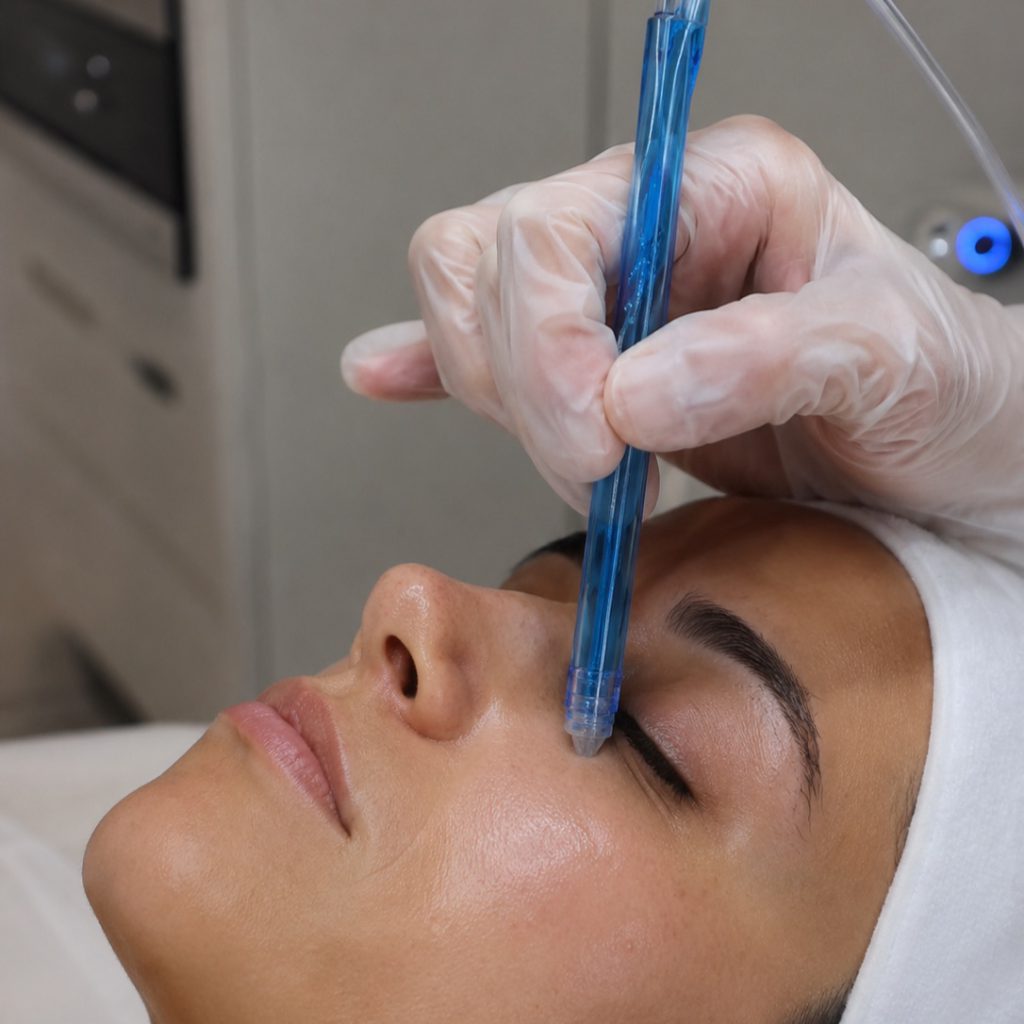 Gloved beautician guiding the blue JetPeel handpiece over a client's face in Vienna