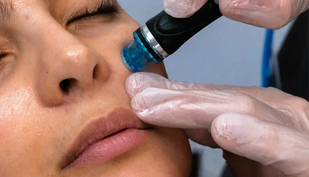 HydraFacial-Handstück an der Wange - Porenverfeinerung bei großen Poren in Wien