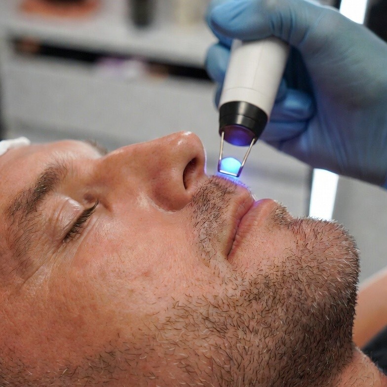 Handstück mit blauem Licht am Kinn eines Mannes - Männerkosmetik-Behandlung in Wien
